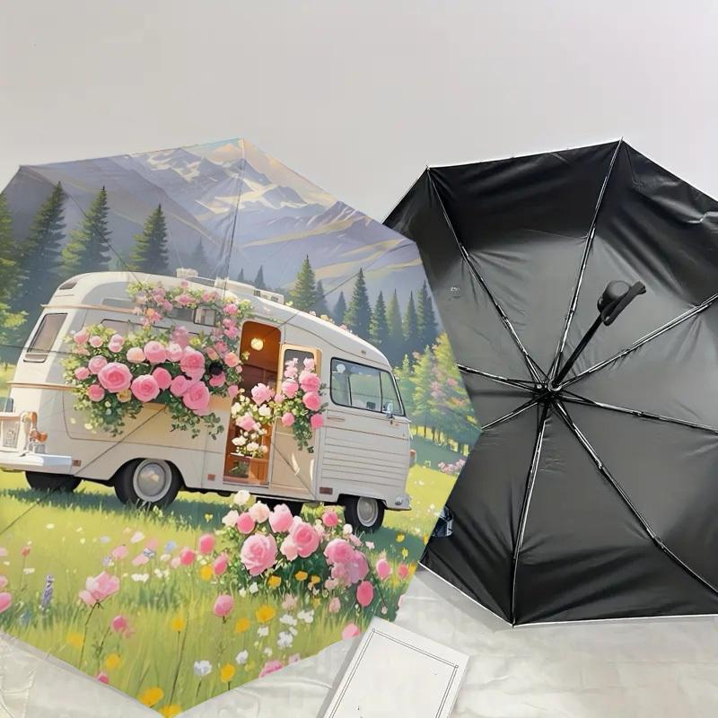 1pc Camper Van with Pink Flowers in Field Umbrella with Plastic Handle,Suitable for All Seasons Home Travel Outdoor UmbrellaDD414