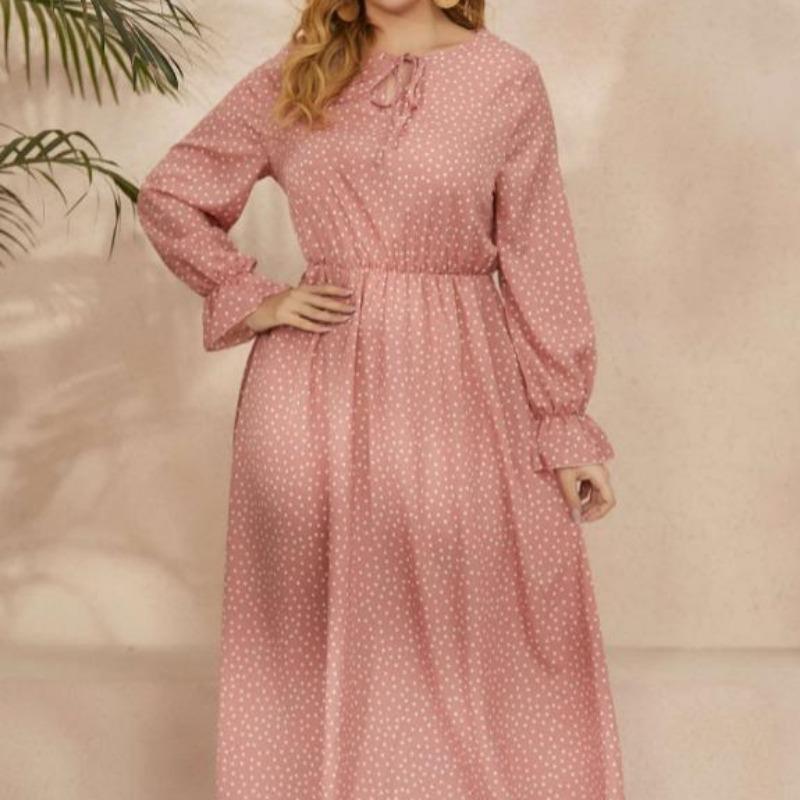 Vintage Long Sleeve Dresses Round Necked Plus Size Dress for Women Fashion Polka Dot Oversized Dress Elegant Tight Dress Commuter Fashion Maxi Dresses