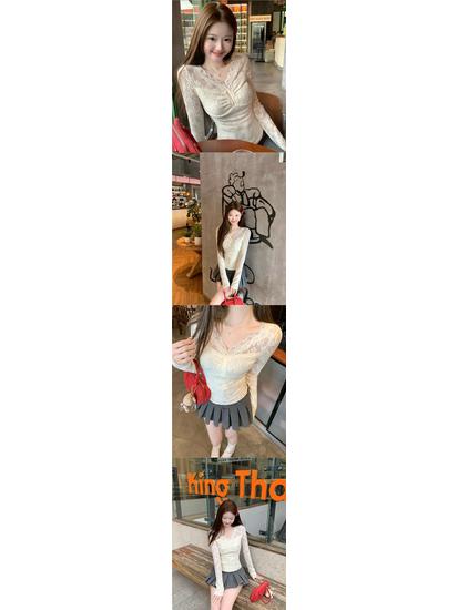 Available: Pure Desire V-Neck Long-Sleeve Lace Shirt for Women - Slimming, Fashionable, Versatile Short Inner Wear.