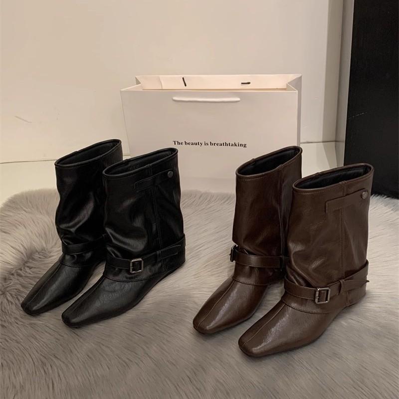 Vintage Suede Khaki Short Boots Women's Boots French Boots Autumn Niche Design Western Pile Boots Knight Boots