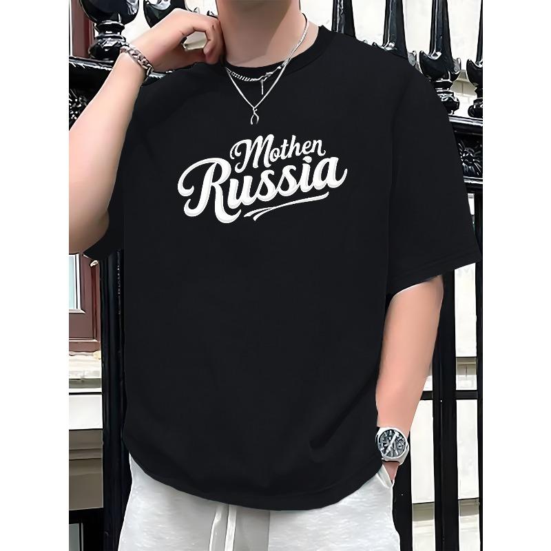 European sizes Men's Casual Short Sleeve T-Shirt with Bold Mother Russia Script Print - White Round Neck Regular Fit Machine Washable