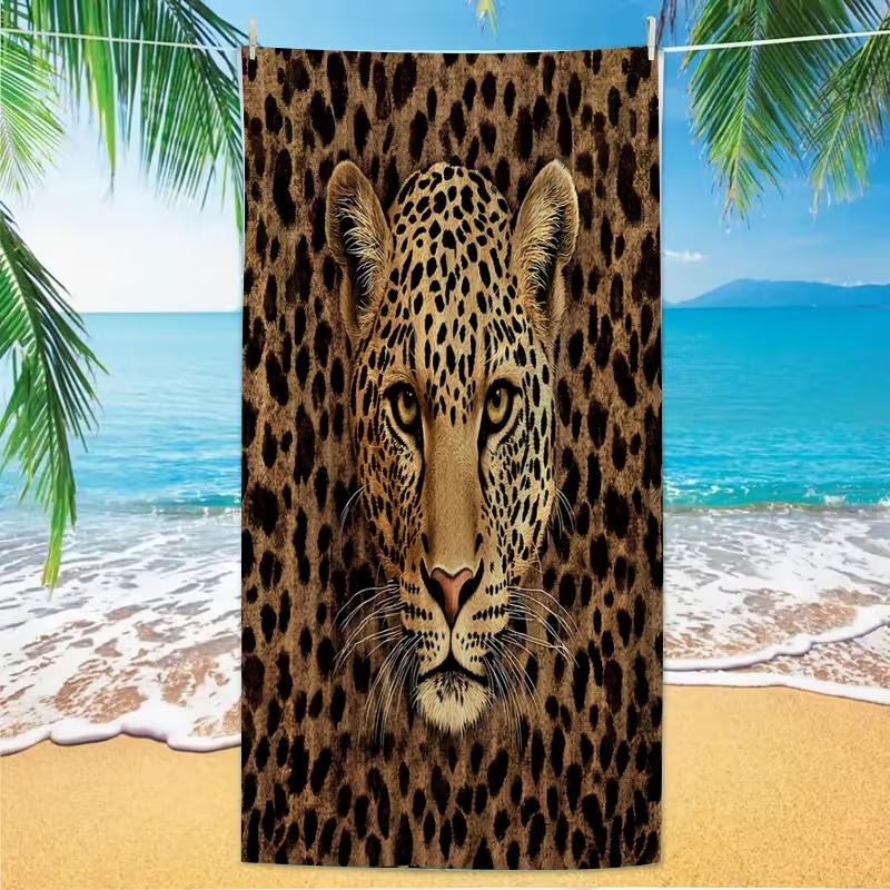 Realistic Fashion Leopard Head Print Beach Towel Wild Animal Print Absorbent Quick Dry Soft Towel for Beach Pool Vacation Use