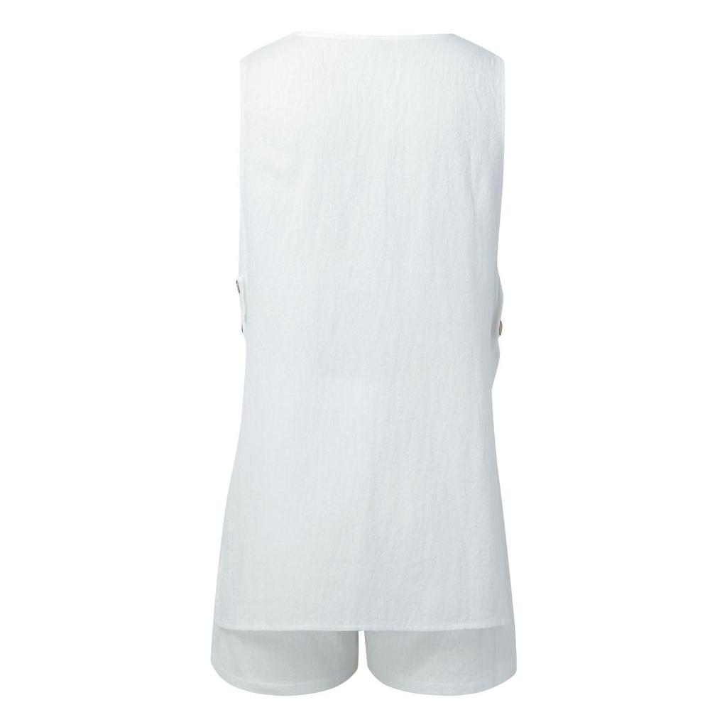 Damen V-Ausschnitt Seitlich Ausgeschnitten Knopfleiste Ärmelloses Oberteil Und Baggy Shorts Zweiteiliges Set