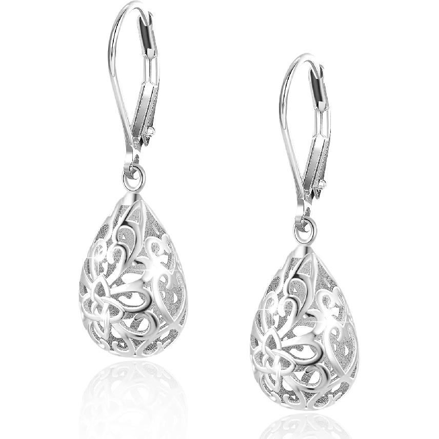 Silver Teardrop Filigree Dangle Earrings In Gift Box for Women | Hypoallergenic Silver Leverback Ball Heart Dangle Earrings Nickel-Free Filigree Drop