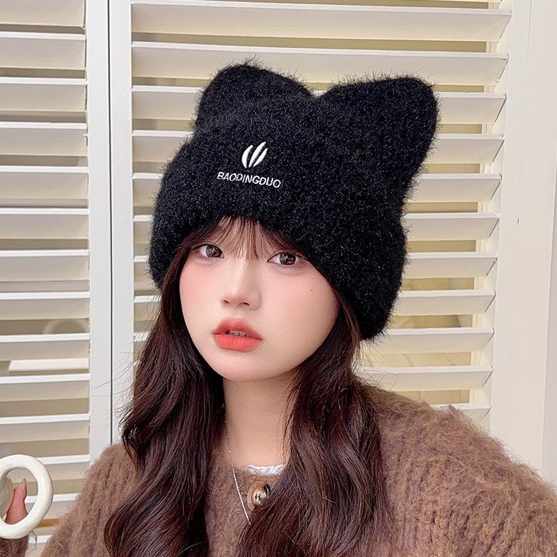 Japanese Cute Woolen Hat for Women in Autumn and Winter Fashion Versatile Ear Protection Pullover Hat Big Head Circumference Cat Ear Knitted Hat