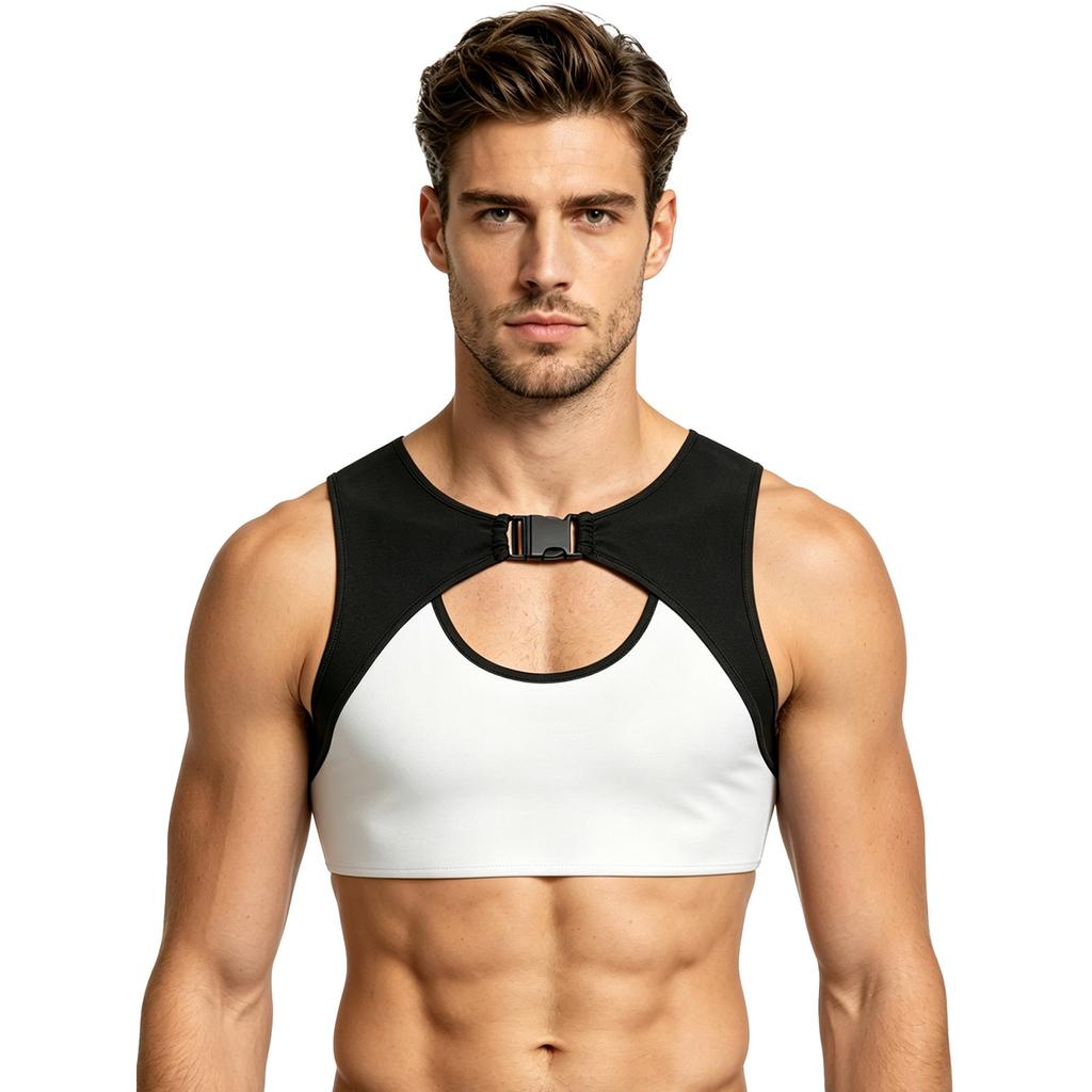 Men Mesh Patchwork Crop Top Sleeveless Front Hollow Out Buckle Color Block Vest Tank for Wrestling Running Training Workout