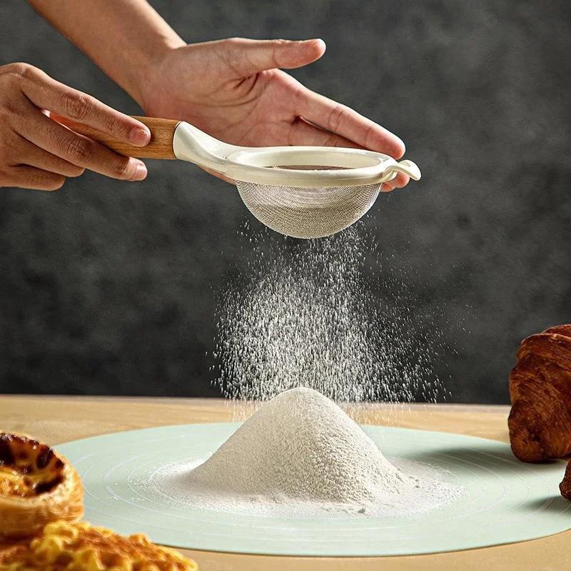 Stainless Steel Flour Sieve Sugar Powder Juice Soybean Milk Foam Filter Fine Screen Wooden Handle Household Kitchen Baking Tools