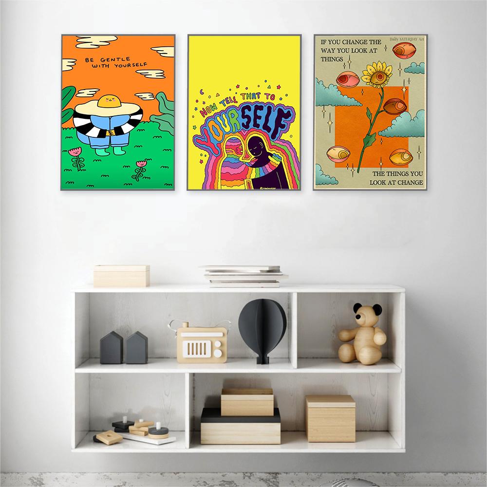 Vintage Print Artwork Hippie Your Self Quote Wall Art Canvas Painting 70s Retro Color Poster Girly Bed Room Home Decor Pictures