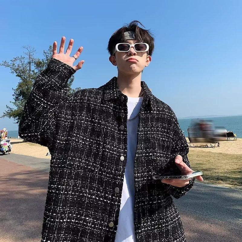 

Spring and Autumn new coat men s loose and handsome trendy plaid jacket trendy casual design lapel top 3XL чёрный