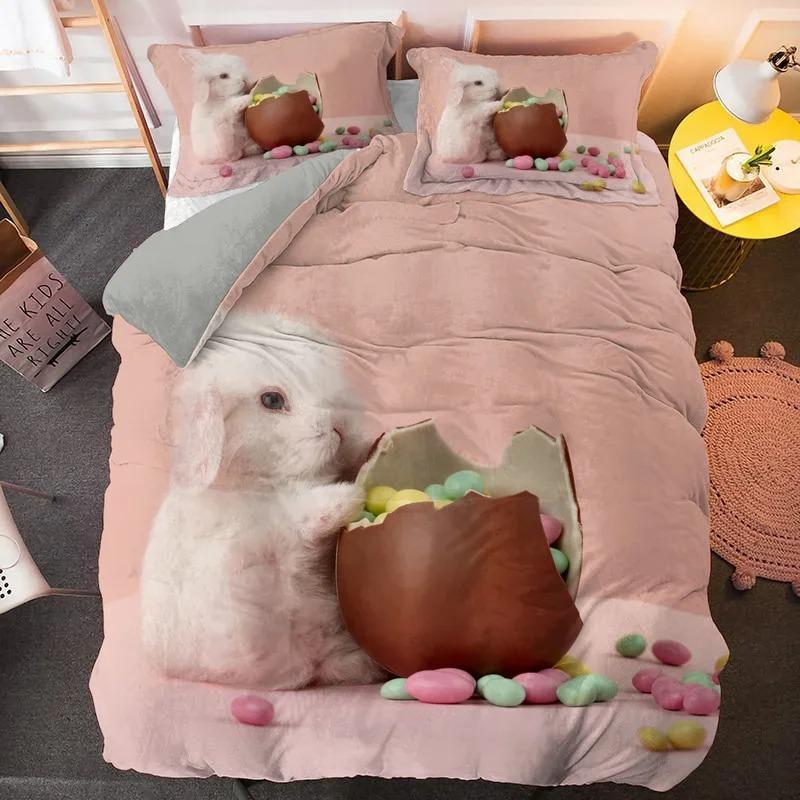 Cartoon Rabbit King Queen Duvet Cover Pet Animal Carrot Bedding Set for Kids Easter Theme Bule Polyester Quilt Cover