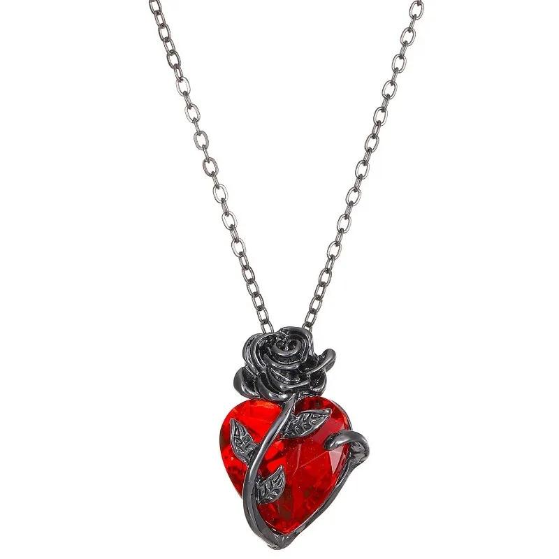 Love Rose Pendant Necklaces Gothic Dark Wrapped Flower Heart Shaped Female Clavicle Chain Valentine's Day Jewelry