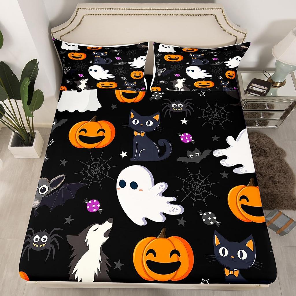 Gothic Spooky Bedding Set Pumpkin Lantern Cute Halloween Bed Sheets for Kids Boys Teens,Ghost Spiderwebs Fitted Sheet Black Cat Cobwebs Bats