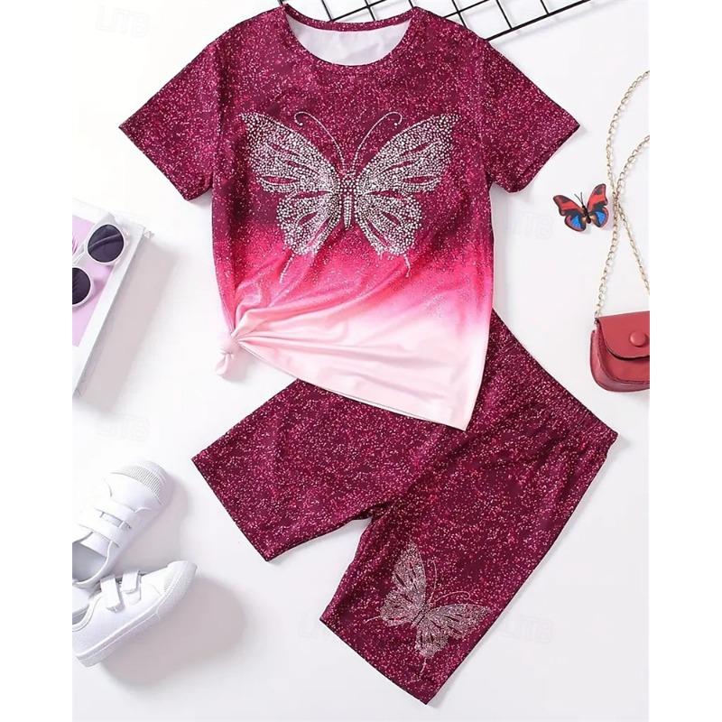 

Girls 3D Butterfly T-shirt & Shorts Set Short Sleeve Summer Spring Sports Fashion Daily Kids 4-12 Years 150cm