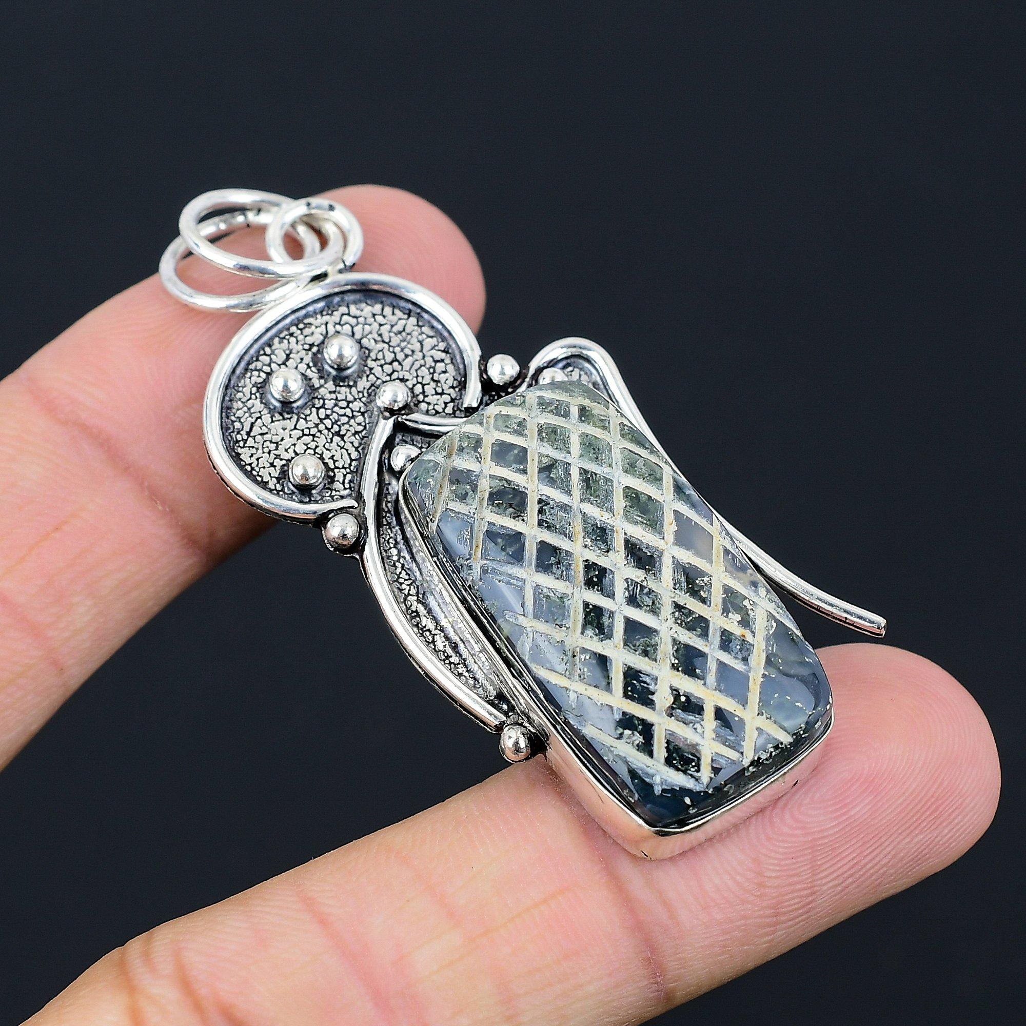 Birthday Gift For Her Natural Carved Solar Moss Agate Pendant 925 Silver