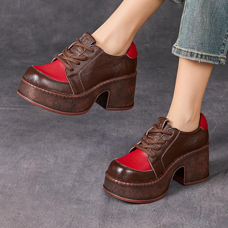 Fashion New Retro 7cm High Heels Women Shoes Flat Platform Thick Heels Shoes Mixed Colors Genuine Leather 2025 Luxury Lace Up Shoes