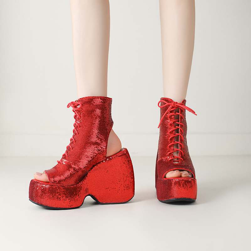 Krazing Pot Sequin Cloth Spring Summer Size 43 Size 42 Women Platform Women Peep Toe Toe Sexy Summer Boots Lace Up Pumps