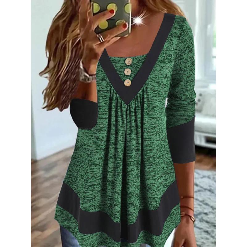 Autumn and Winter Contrast-color V-neck Long-sleeved Top Button-decorated Women's T-shirts