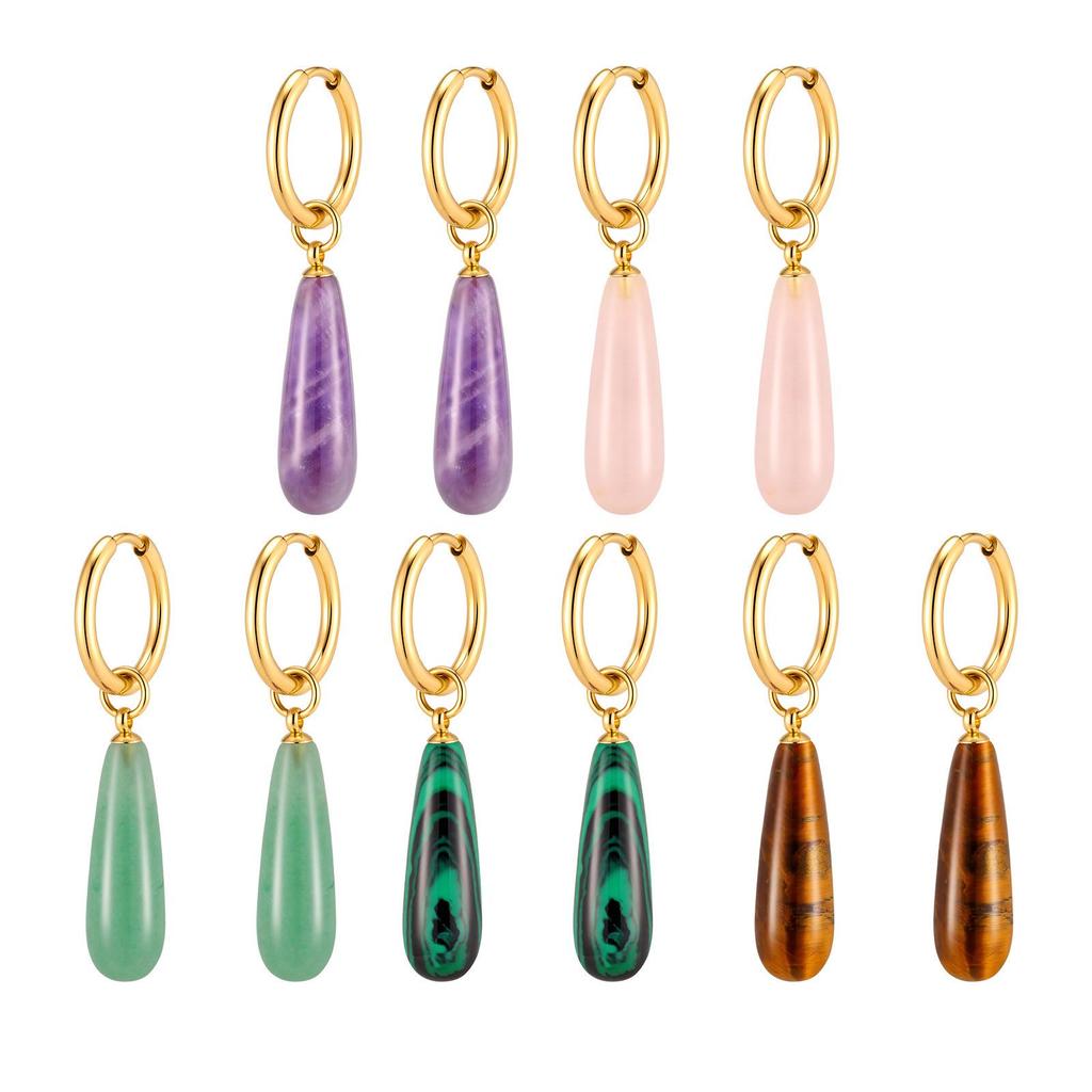 Women's Amethyst Teardrop & Tiger Eye Malachite Gold Earrings