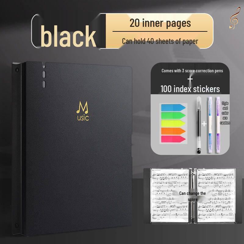 Black Non-Reflective Sheet Music Clip & Folder for Piano and Drum Stands with Transparent Insert Pages