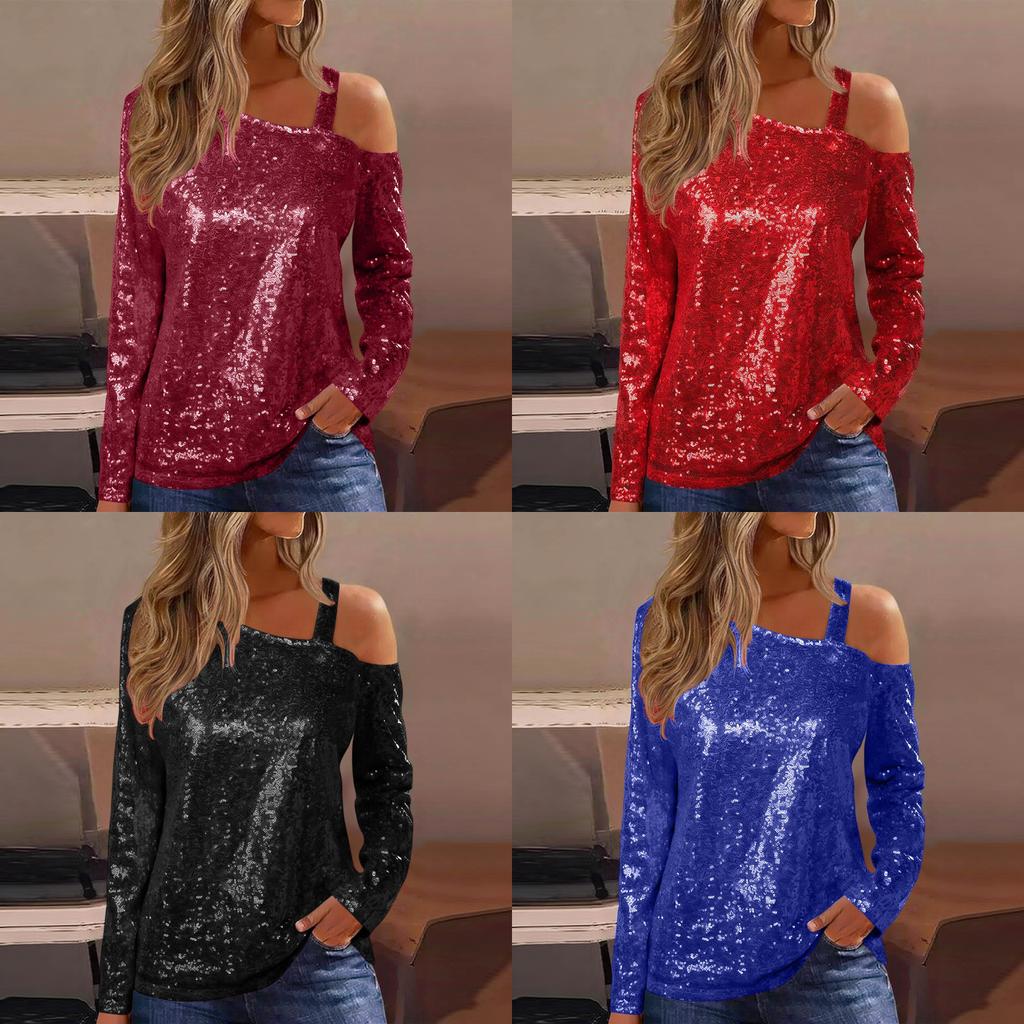 Polyester Long Sleeve T Shirt With Sequin Round Neck For Casual Women