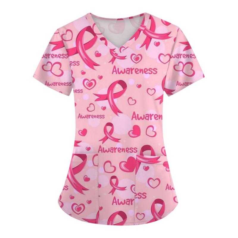 V-Neck Short Sleeve Nursing Scrub Top Women Fashionable Casual Workwear With 3D Print Design Slim Fit 2025 Collection