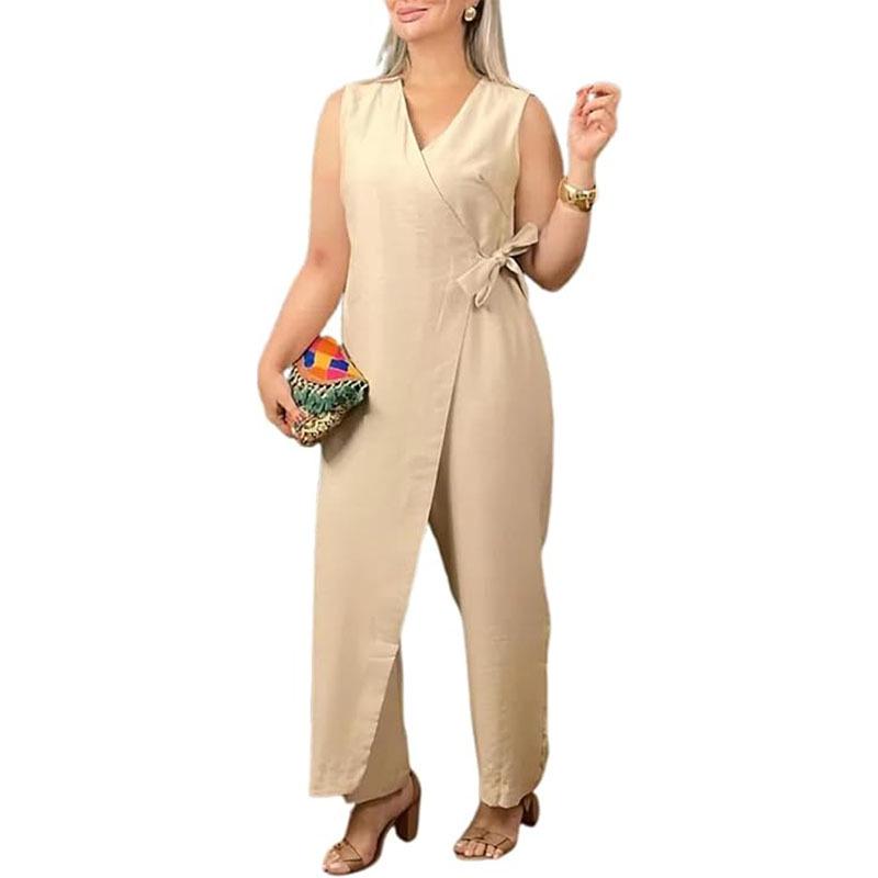

2026 Spring/Summer Women s Solid Color Casual V-neck Tie-up Jumpsuit XL