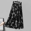 Geblümter Halbrock Sommer Hohe Taille Schlankmachend Weiter Weiß Bedruckter Rock A-Linie Chiffon Midilanger Rock