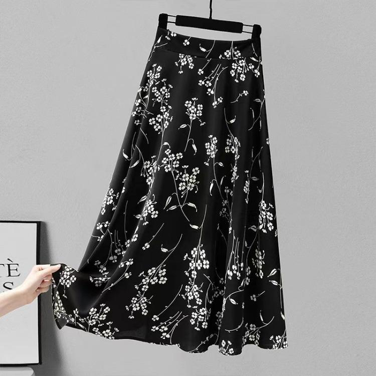 Geblümter Halbrock Sommer Hohe Taille Schlankmachend Weiter Weiß Bedruckter Rock A-Linie Chiffon Midilanger Rock