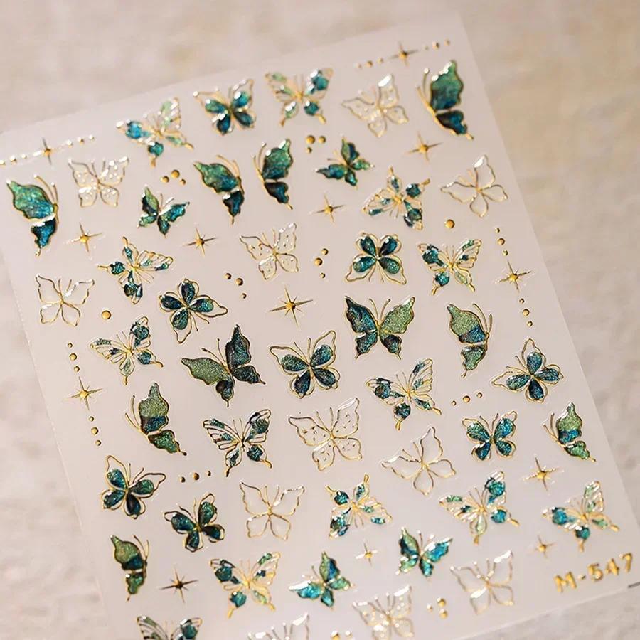 Gradient White Pink Butterfly Flower Shiny Stars Chic Spring Petal 5D Soft Adhesive Nail Art Stickers Decorations Manicure Decal