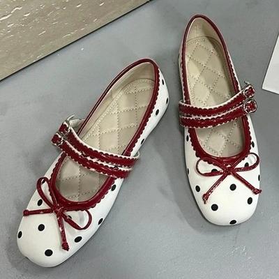 Lolita Stil Damen Ballerinas Retro Polka Dot Süße Schleife Quadratische Zehenpartie Design Weicher Boden Lässig Große Größen Damen Ballerinas