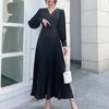 LYRIA Women Slim Pleated Maxi Dress with Belt Female Streetwear Vintage Dress Tie Front Dress  Robe