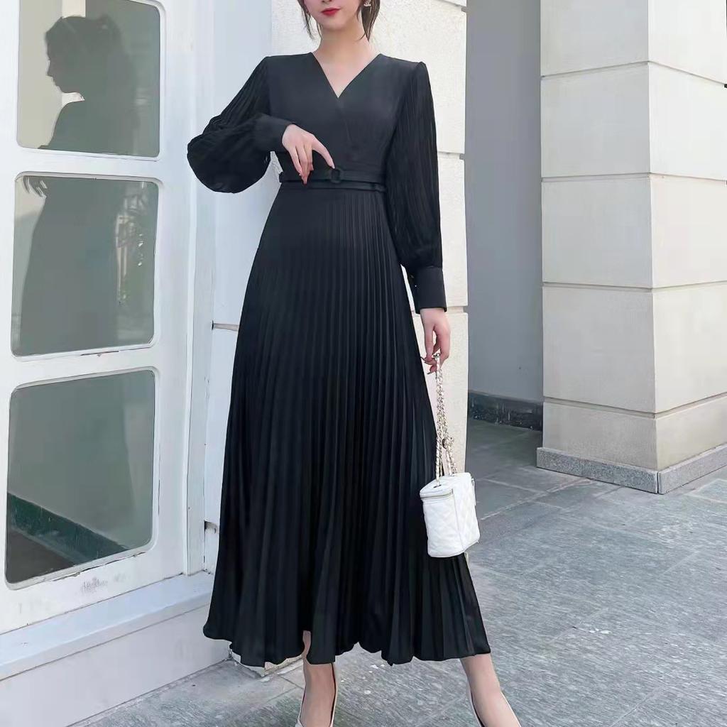 LYRIA Women Slim Pleated Maxi Dress with Belt Female Streetwear Vintage Dress Tie Front Dress  Robe