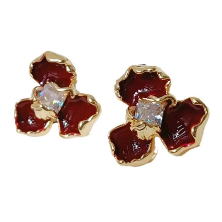 Retro Flower Earrings Temperament Three-Dimensional Copper With Diamonds, Enamel Color Dripping Oil, Premium Stud Earrings, Earrings For Women