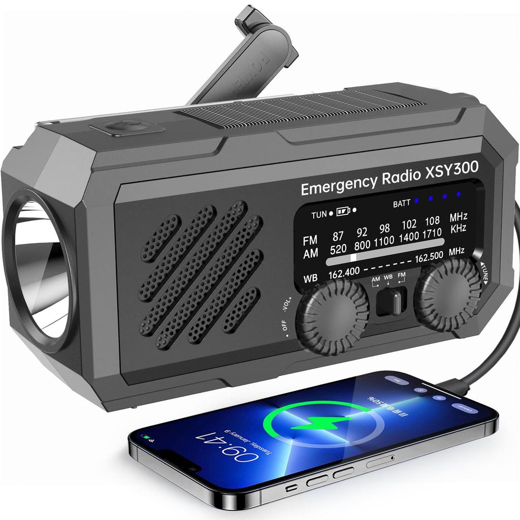 Portable Solar Hand-Crank Emergency Radio with USB Charging