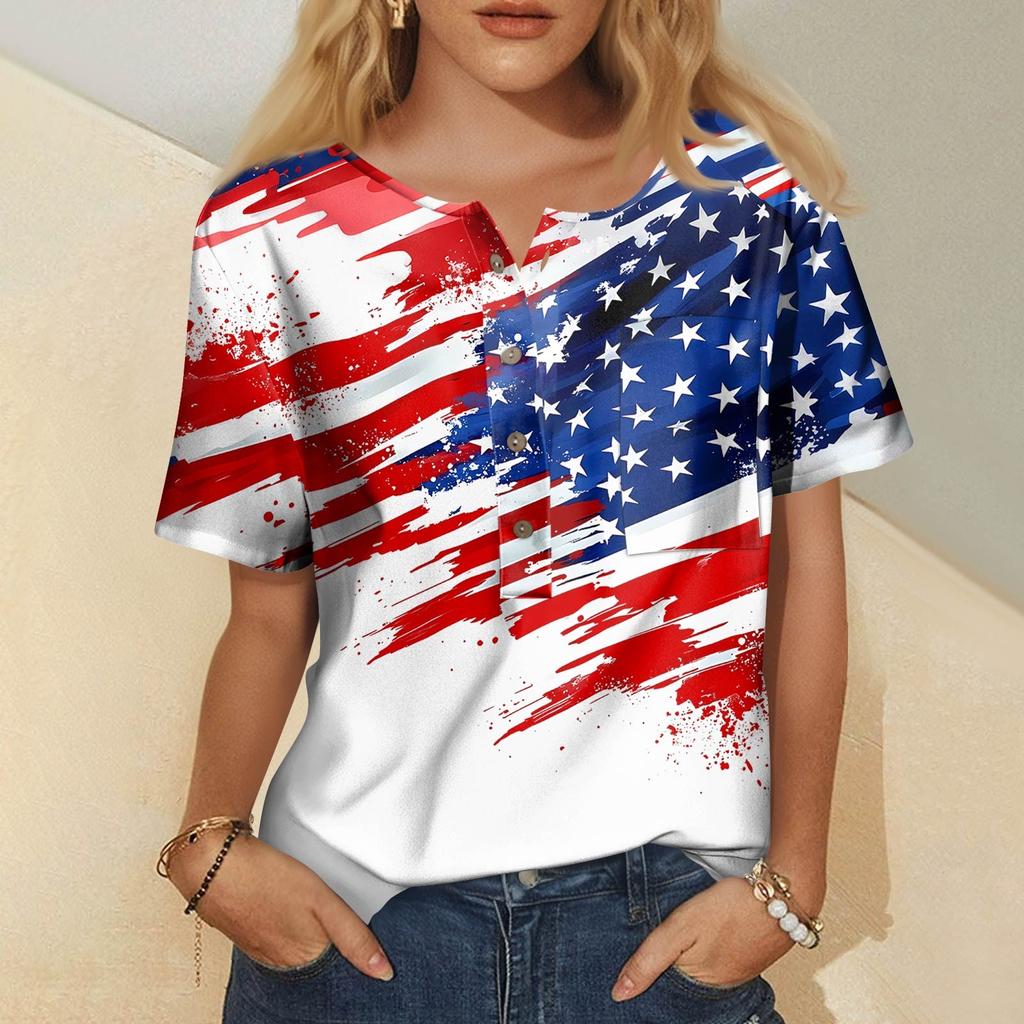 Modna damska bluzka z krótkim rękawem i nadrukiem, okrągłym dekoltem