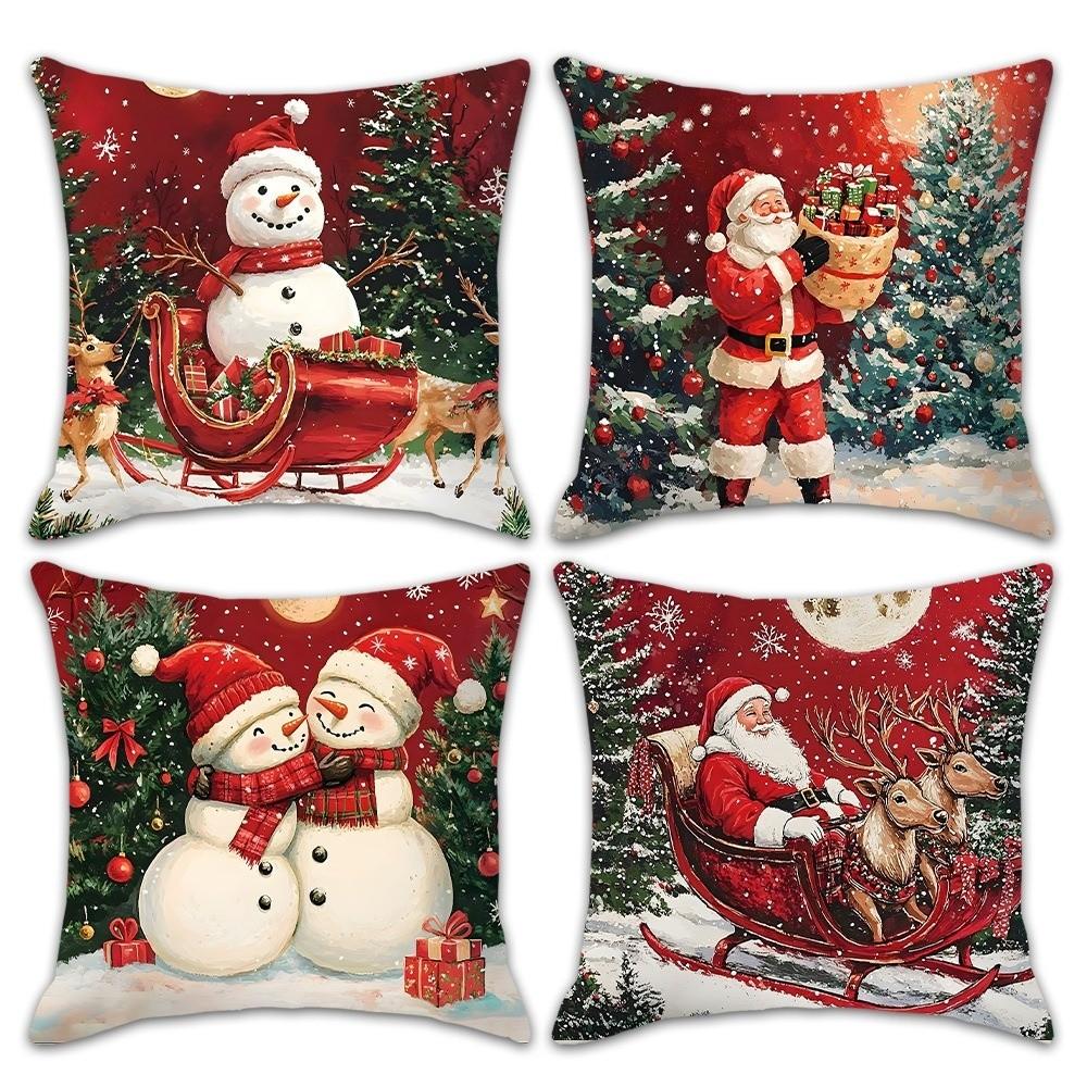 Polyester Cushion Slipcover Santa Claus & Snowman Throw Pillow Cover  for Living Room Sofa