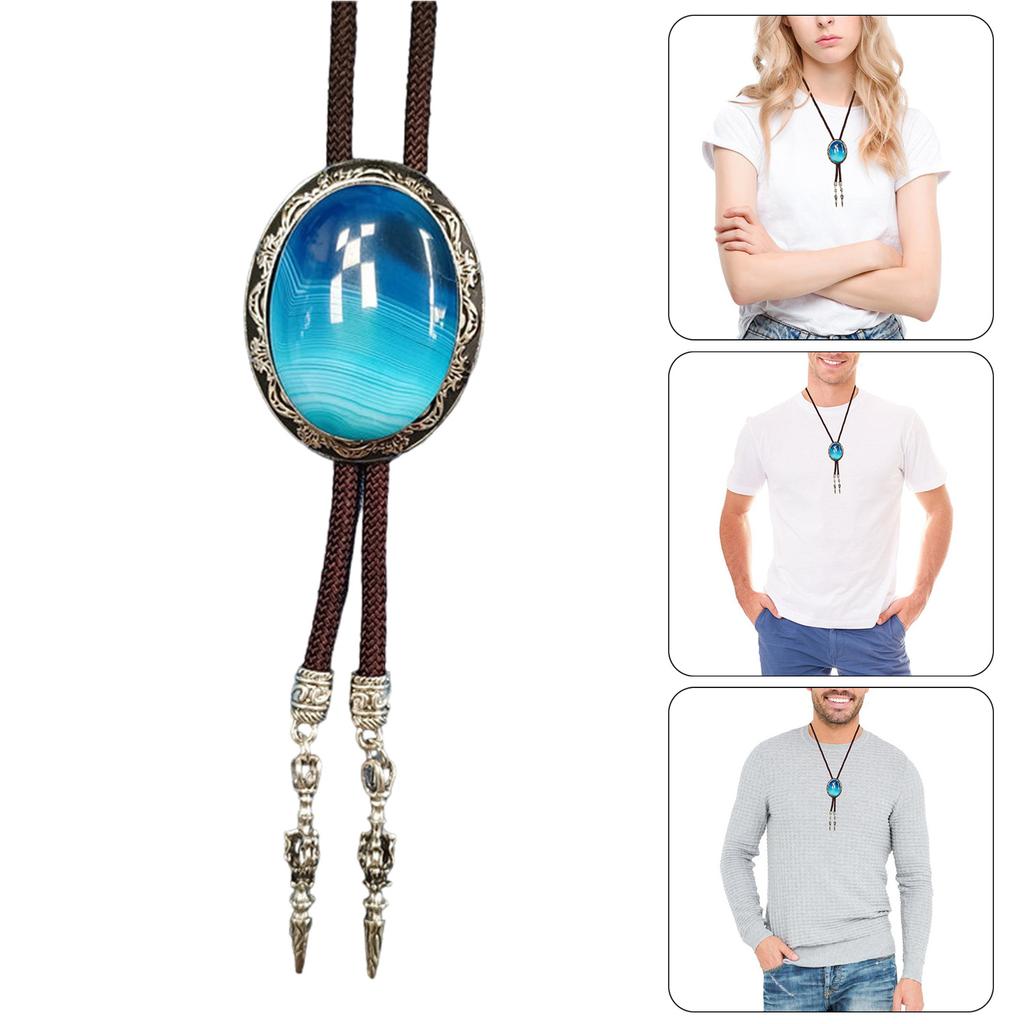 Western Vintage Braided Rope Bolo Tie with Oval Shape Stone Pendant Adjustable Cord Necktie Jewelry Necklace for Men
