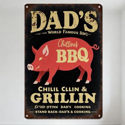 Vintage Dad's BBQ Metal Tin Sign, Rustic Distressed Pig Chillin BBQ Design, Home Decor for Man Cave Bar Cafe