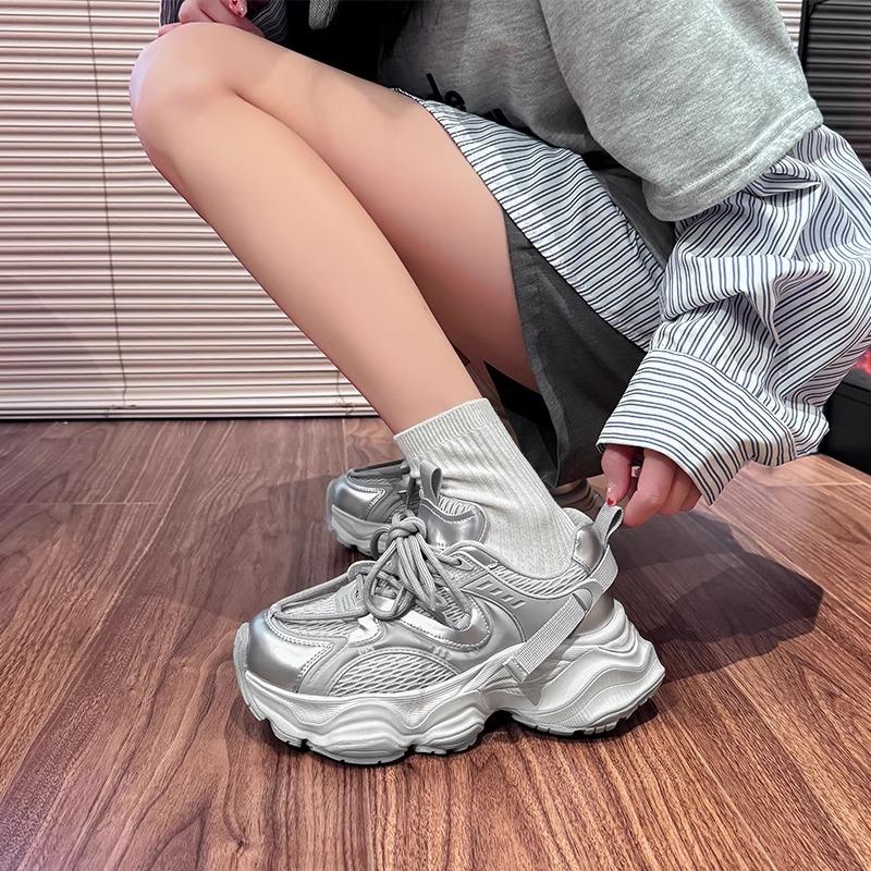 Paris dad shoes women's 2025 spring and summer new thick-soled heightened mesh breathable and lightweight silver casual sports shoes