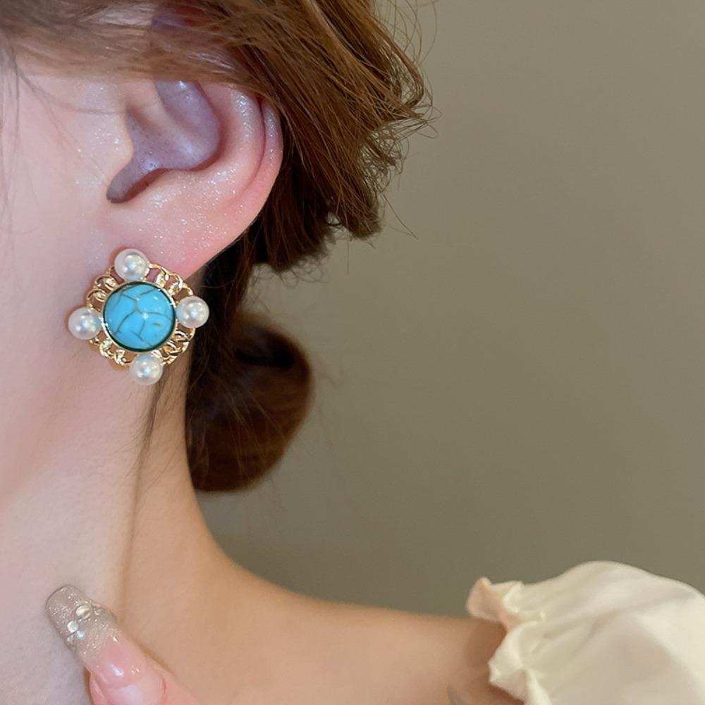 Turquoise Ethnic Style Tassel Earrings Green Water Drop Pearl Ear Studs Earrings Pendant  Women