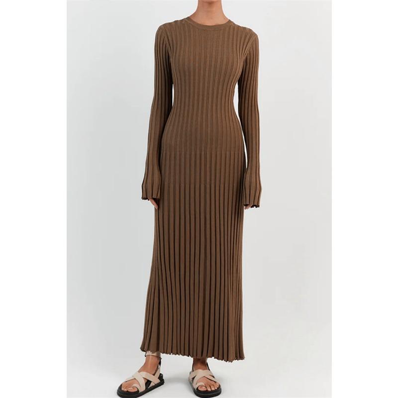 

Модное платье макси с расклешенными рукавами и кружевным подолом, элегантное однотонное длинное платье для женщин, повседневная уличная одежда для клубных вечеринок L коричневый