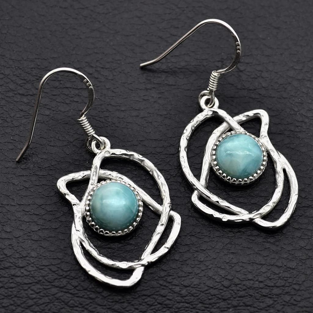 Round Shaped Natural Larimar (5.04 Cts) Solid 925 Sterling Silver Gemstone Dangling Earrings Jewelry For Women or Girls