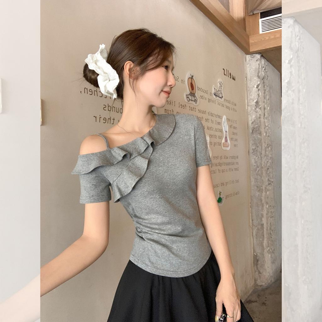 Summer unique design ruffle pleated slanted shoulder short-sleeved T-shirt women's off-the-shoulder thin sexy