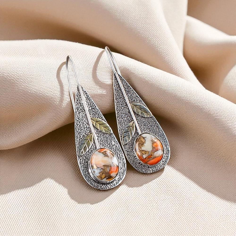 Orange Copper Turquoise Gemstone 925 Sterling Silver Handcrafted Earrings 2.00" EE-72-36