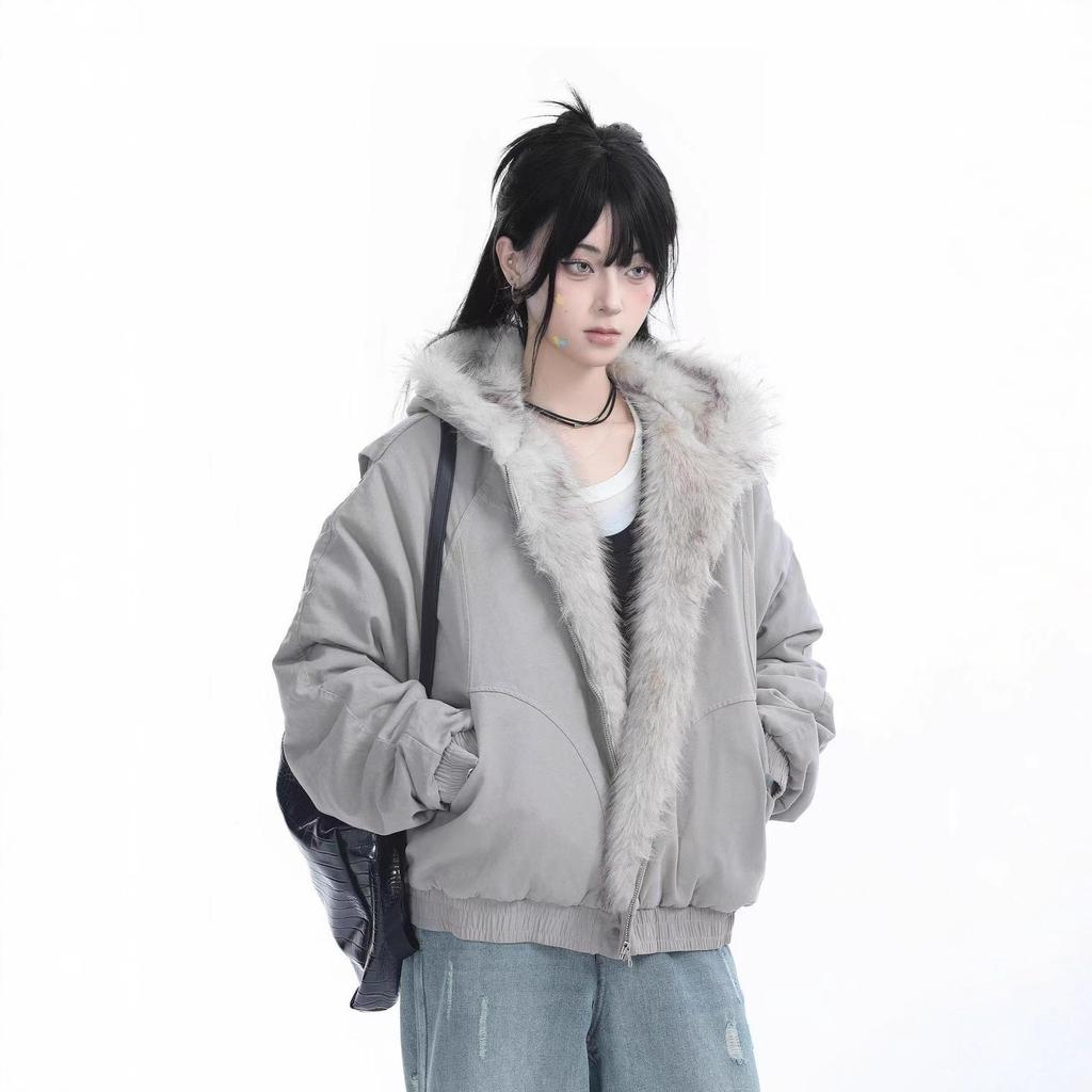 Retro Fur Collar Hooded Cotton Coat Women'S Winter Feeling Thickened Plush Cotton Coat
