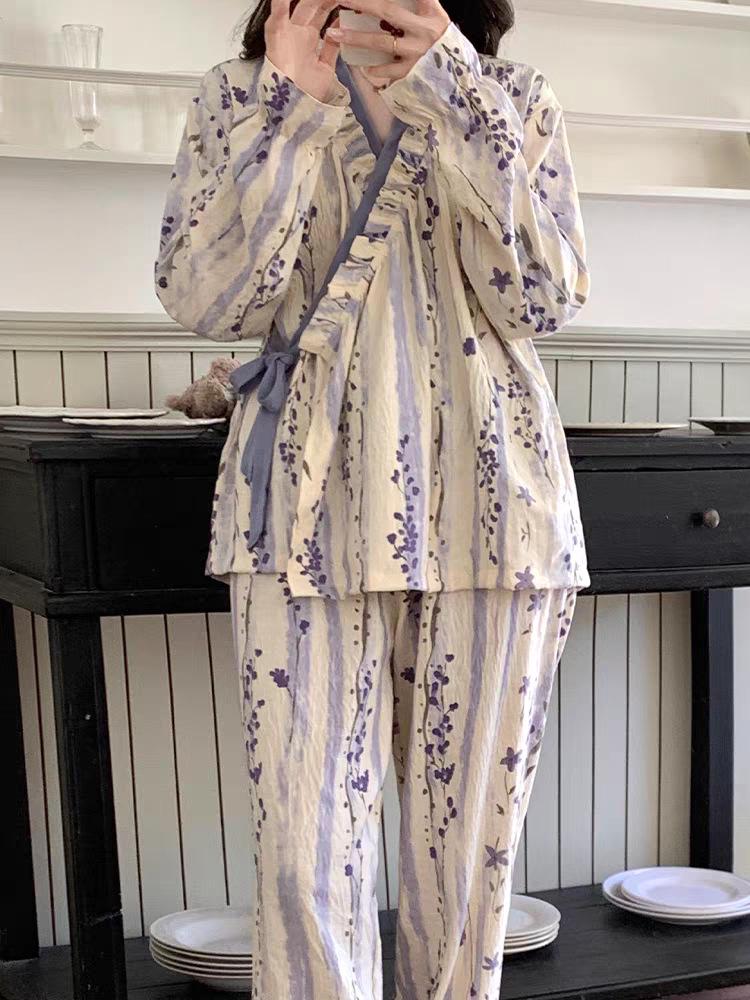Spring 2026 Women's Cloud Cotton Tie-Up Long Sleeve & Pants Set - Sweet, Cute, Comfortable Home Wear