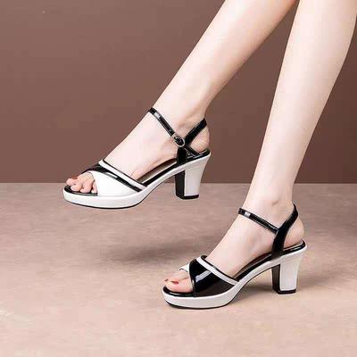 Zapatos de Verano para Mujer Sandalias de Tacón Alto Punta Abierta Elegantes para Señora Tacón Cuadrado 5 cm Zapatos Casuales para Mujer Negro Blanco A2506