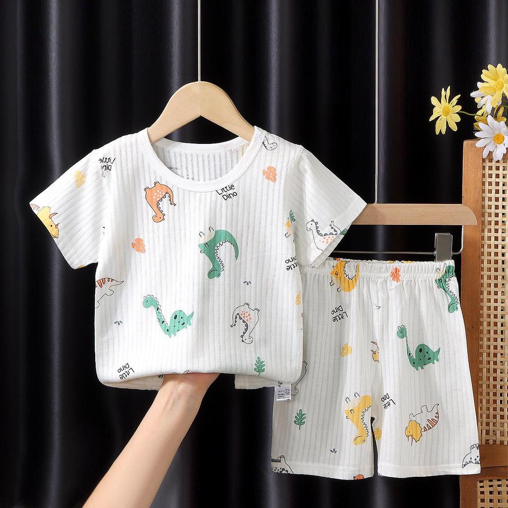 Kids' Summer Jacquard Pajama Set: Short-Sleeved Shirt and Shorts for Boys and Girls