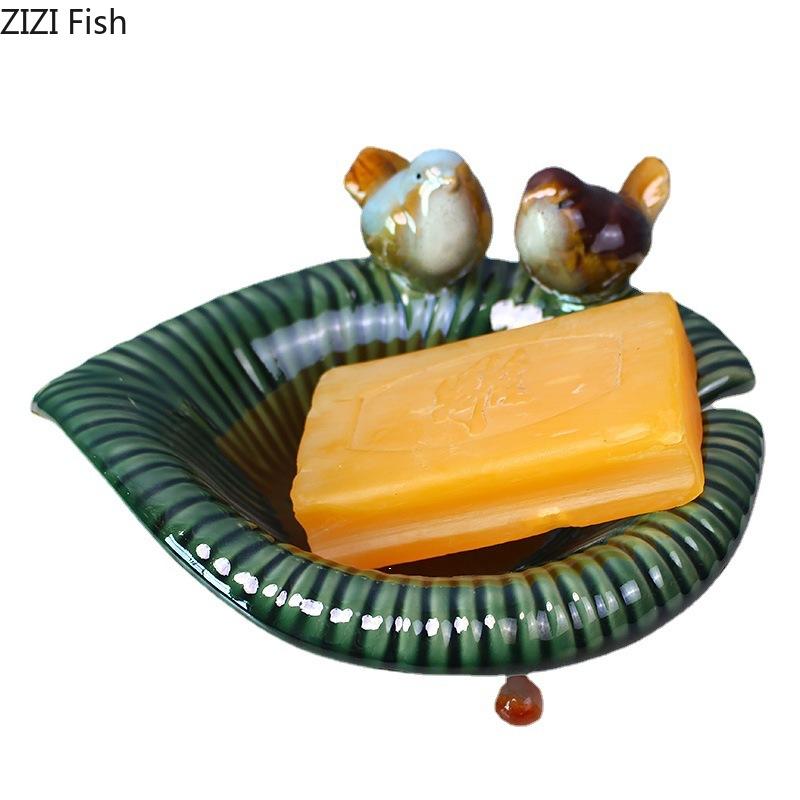 Green Leaf Ceramic Fruit Plate Painted Birds Decorative Trays Snacks Nuts Plate Dinner Table Fruits Bowl Candy Storage Tray