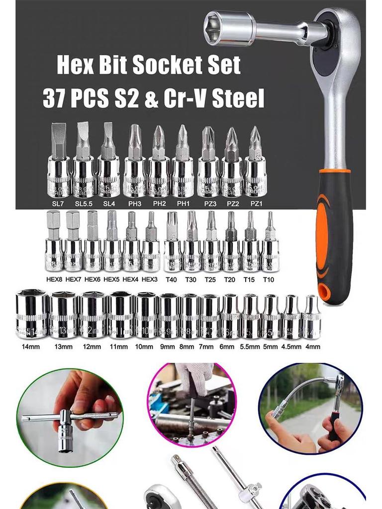 53-Piece Hex & Phillips Screwdriver Set with Ratchet Wrench & Socket Tool for Car & Motorcycle Repair